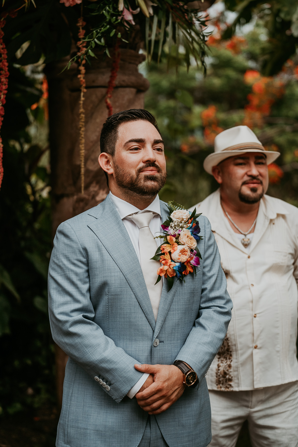 Groom looking at bride walking down the Isle at Hacienda Siesta Alegre wedding.