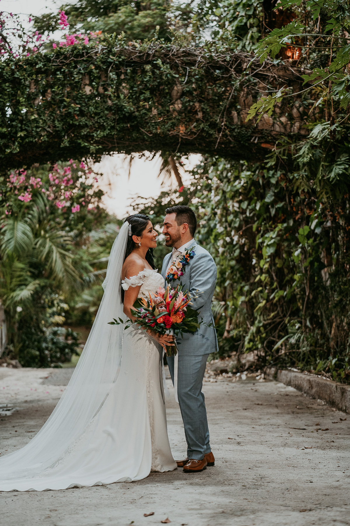 Bride and groom during twilight at Hacienda Siesta Alegre wedding.