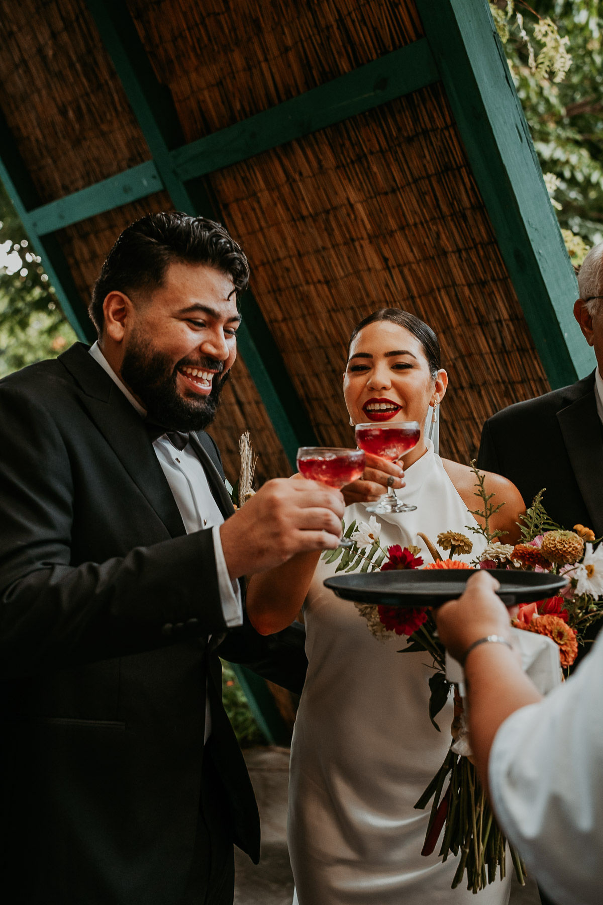 Close up of custom-made craft cocktails for newly wed couple at an intimate wedding in Puerto Rico.