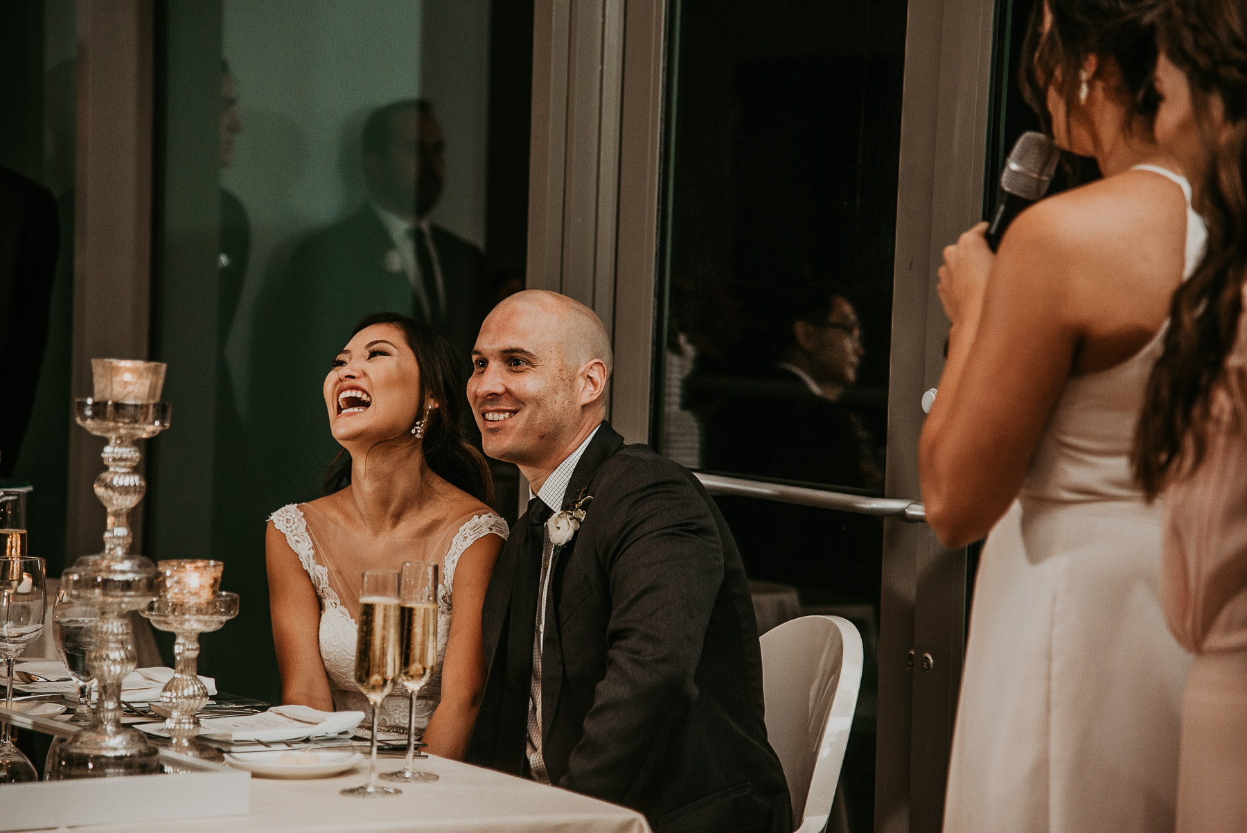 Bride and groom during toast at Salon Indigo at La Concha Wedding.