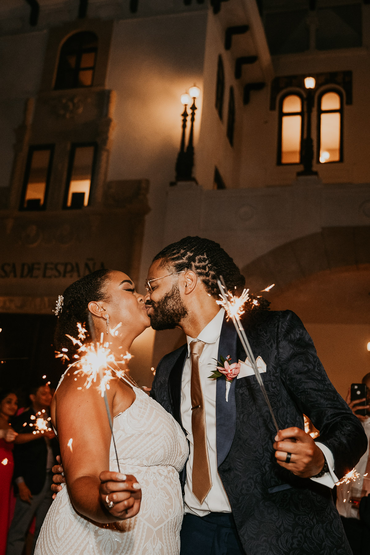 Sparklers at Casa de España wedding.