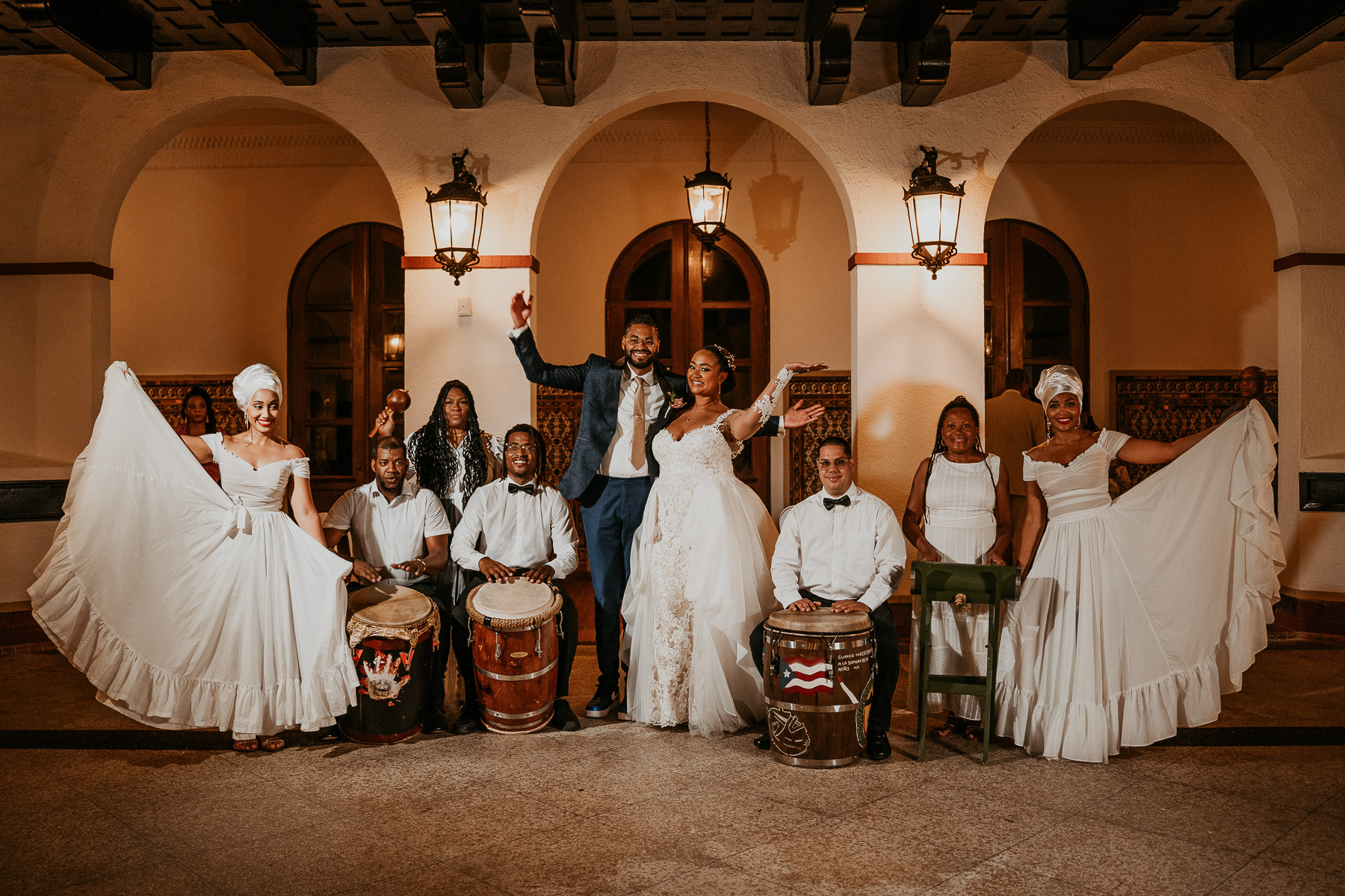 Traditional Puerto Rican Bomba and Plena Musicians and Dancers Celebrate at Casa de España Wedding.