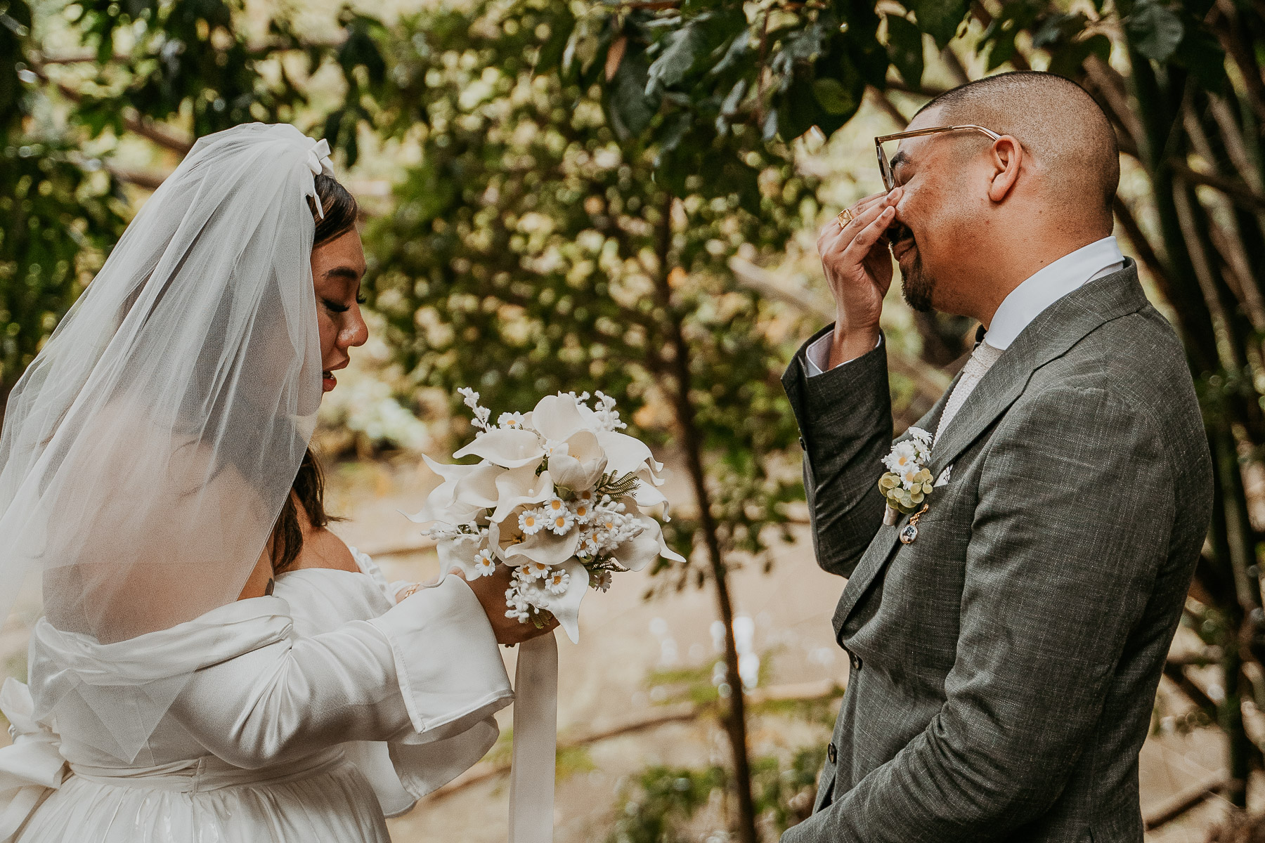 Groom emoting during vow readings at Dos Aguas Elopement.