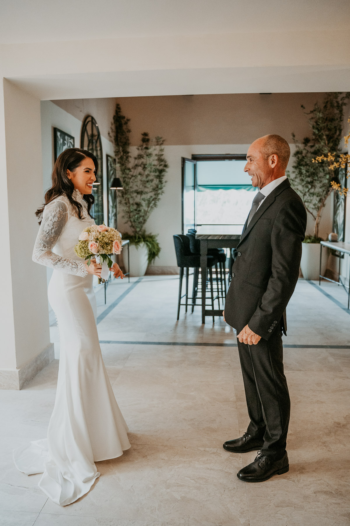 Father and daughter first look at Hotel El Convento intimate wedding