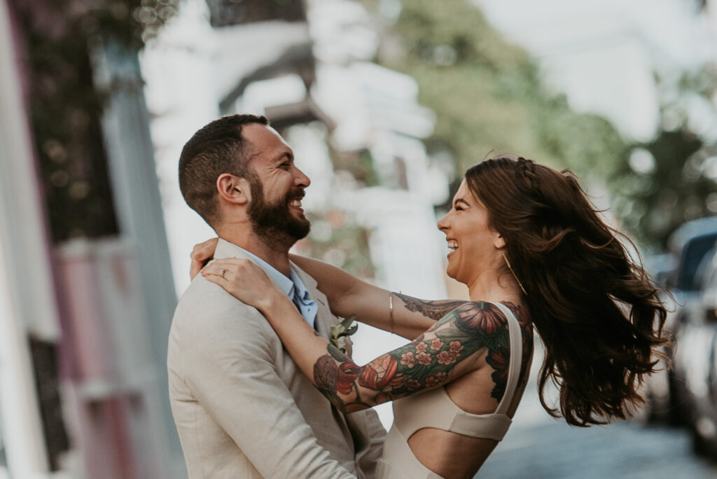 Bride and groom laughing at Old San Juan Elopement.