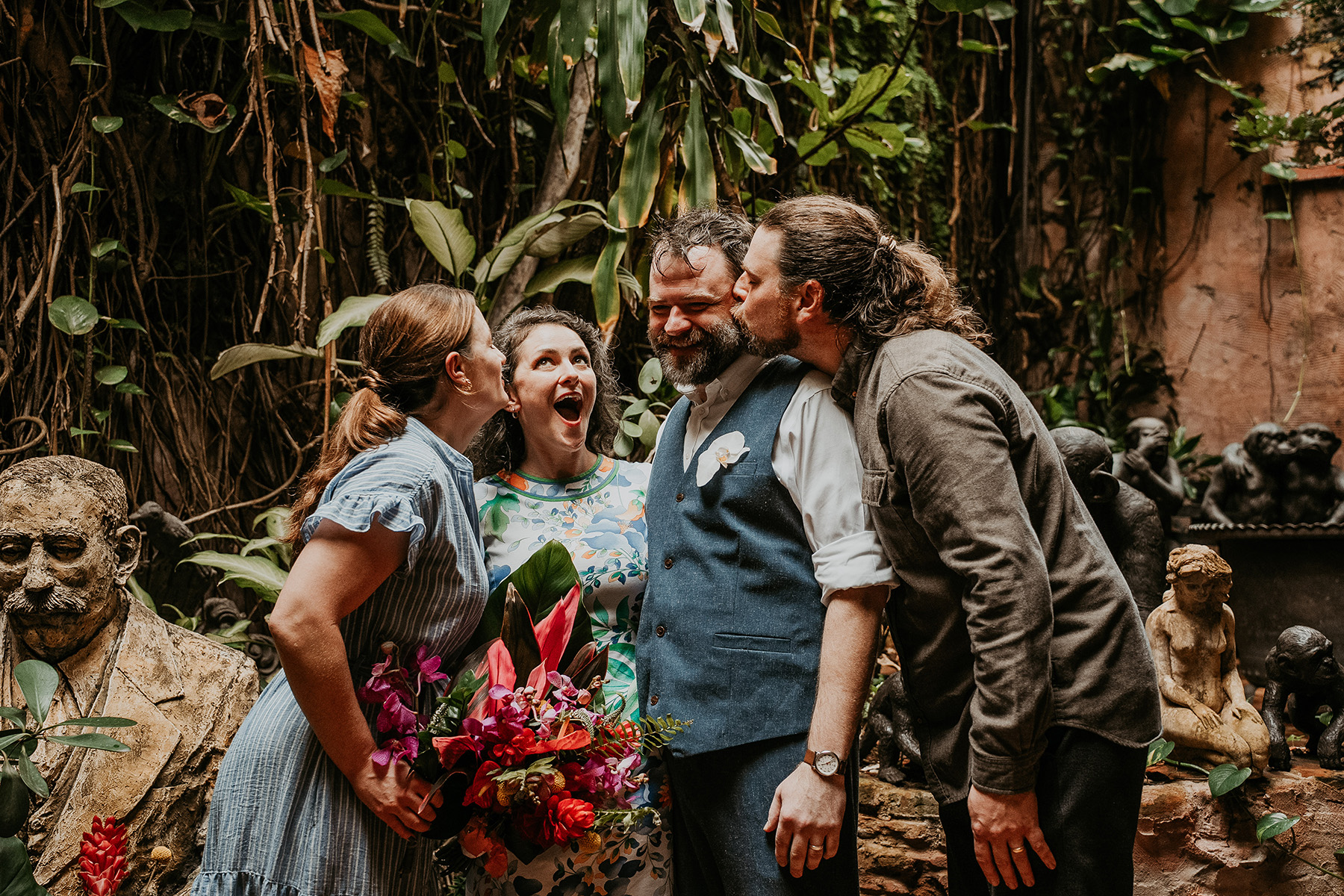 Authentic elopement with friends supporting couple in Puerto Rico historic district