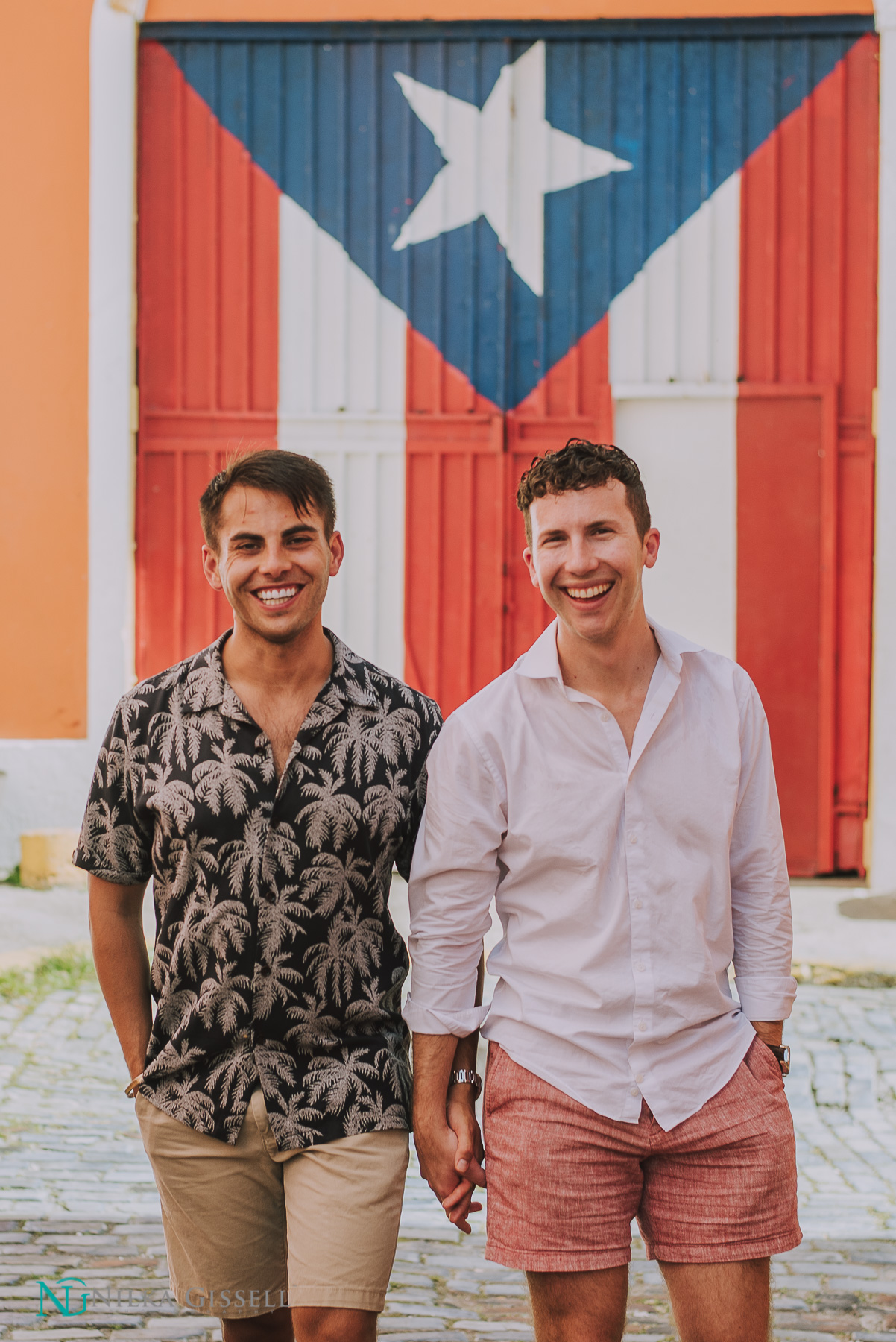 LGBTQ+ Couple at Flag door in Old San Juan Engagement Session.