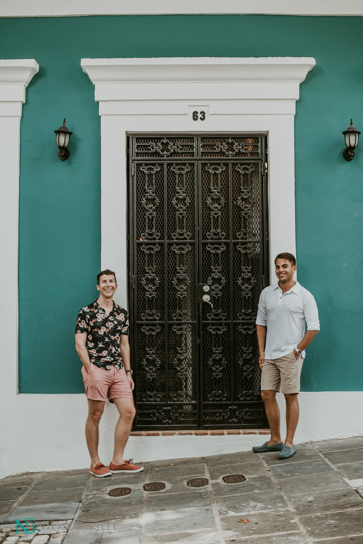 LGBTQ+ Couple with beautiful door at Old San Juan Engagement Session.