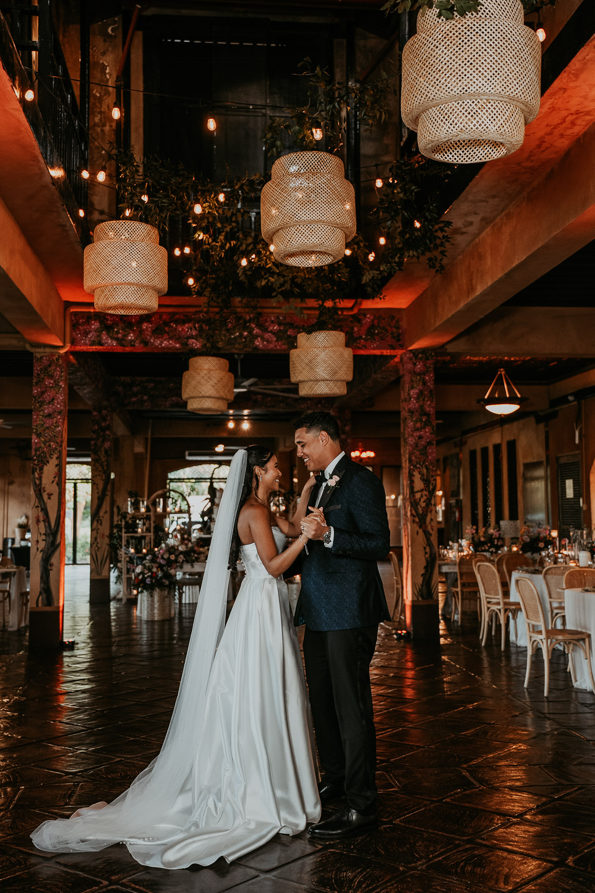 Romantic first dance inside Hacienda Campo Rico reception ballroom.