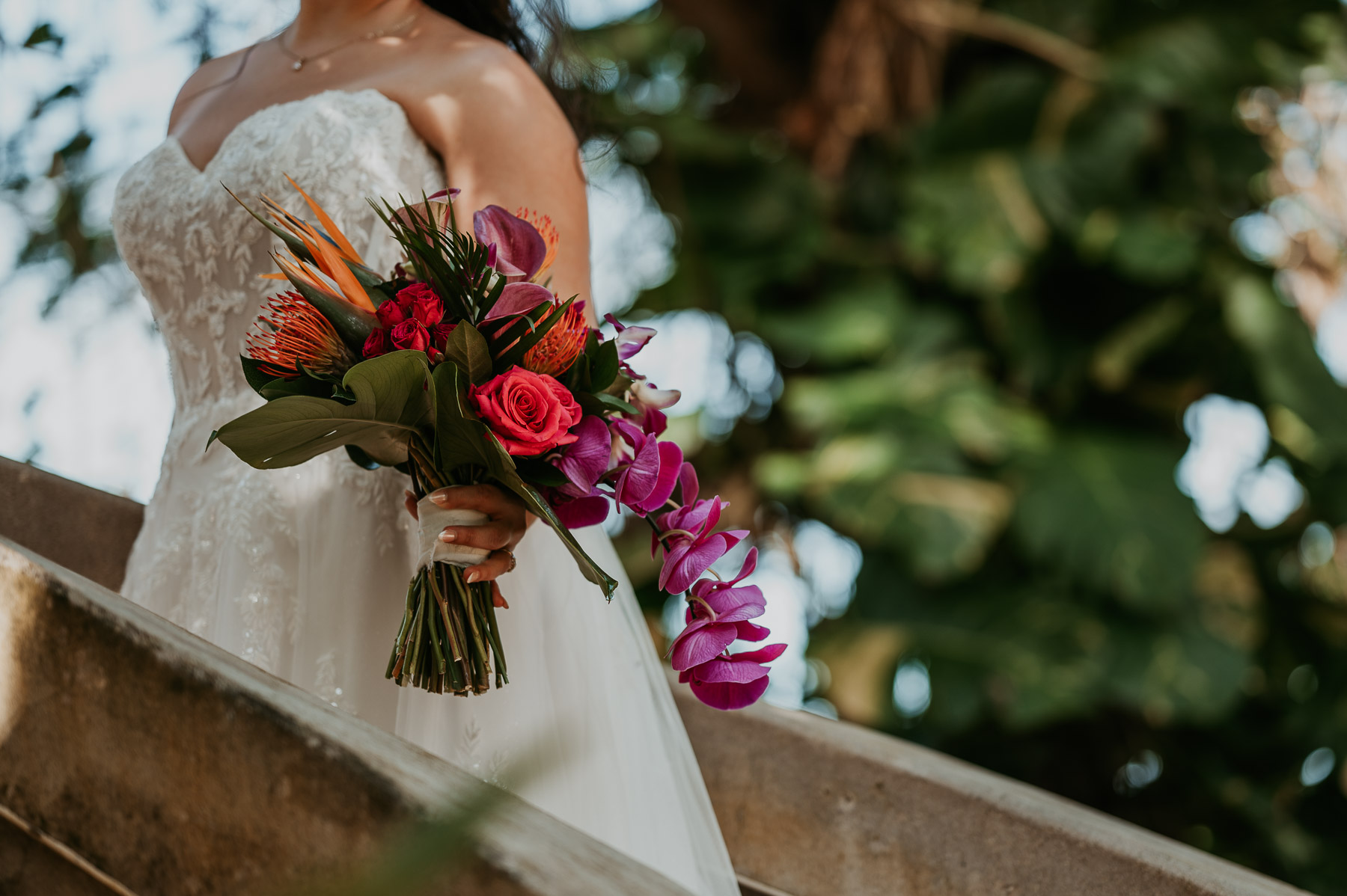 Close-up of the bride's wedding bouquet with soft floral details