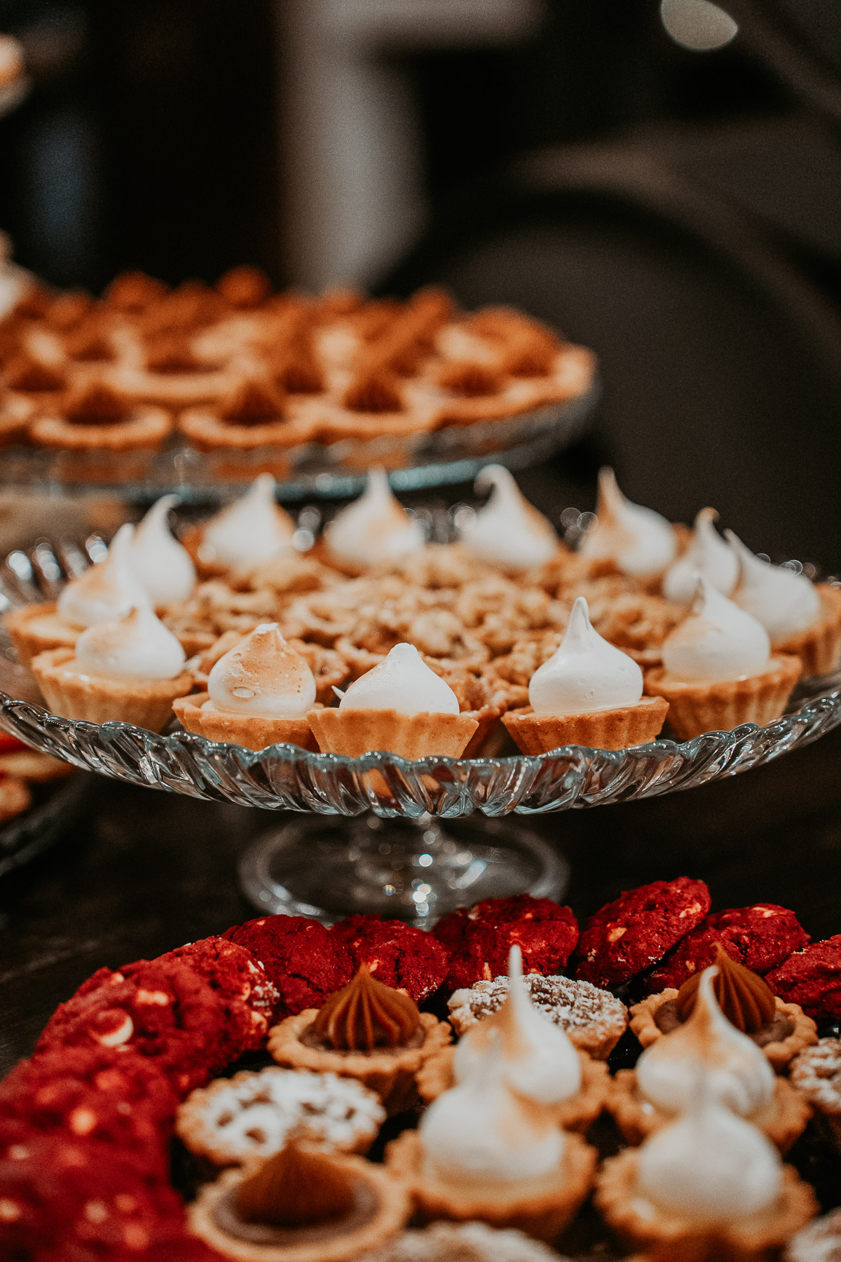 Close-up of dessert table prepared for the wedding reception