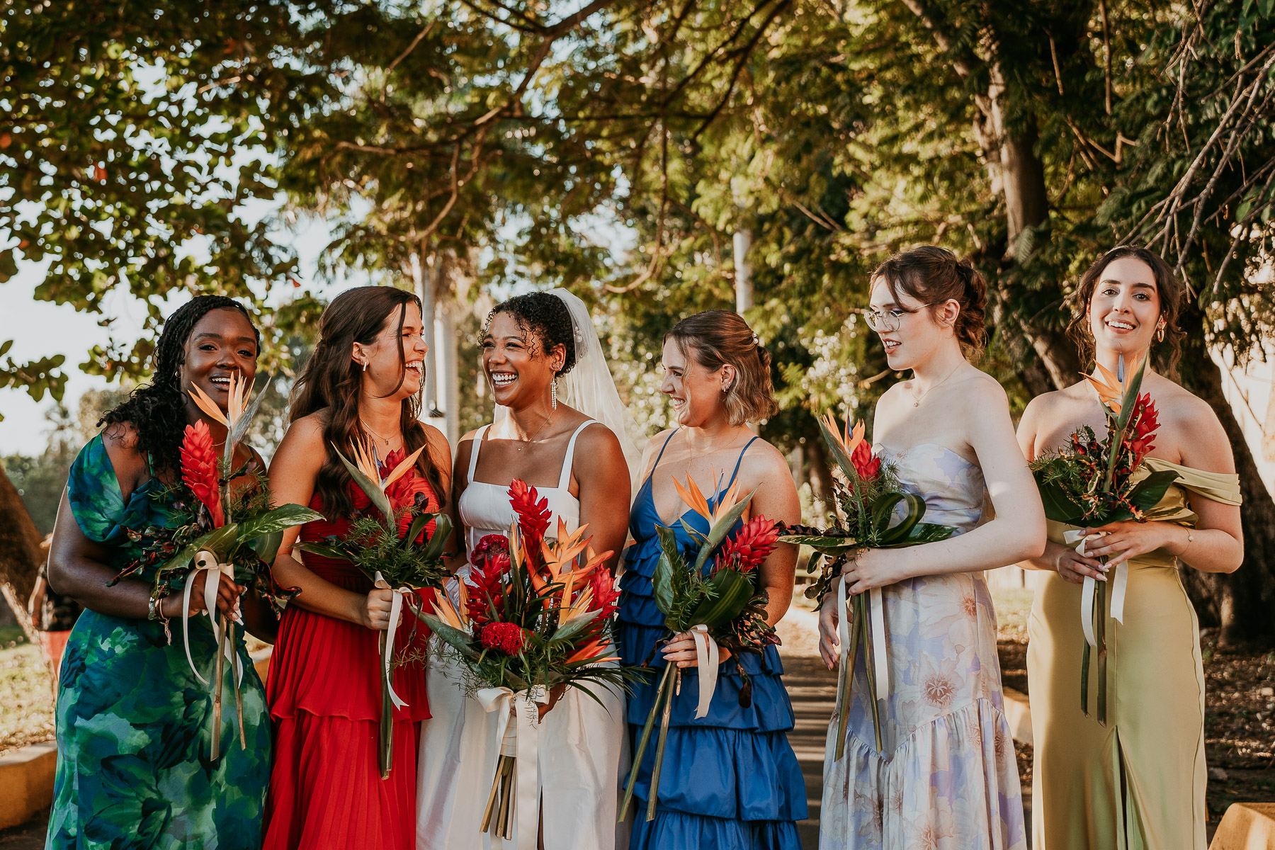 Bride and bridesmaids candid moment on the streets of Old San Juan,