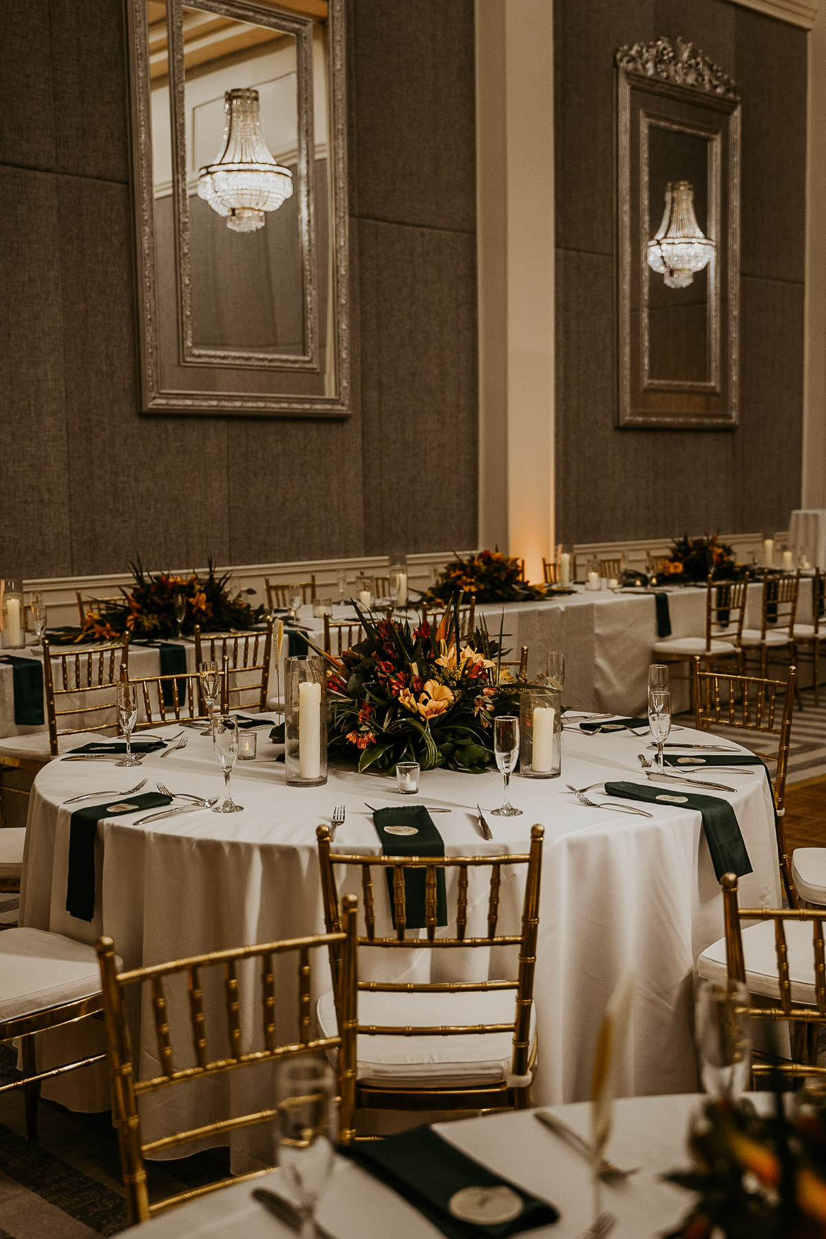 Elegant indoor wedding reception setup at Hyatt Regency Grand Reserve, Puerto Rico, on a rainy day. 