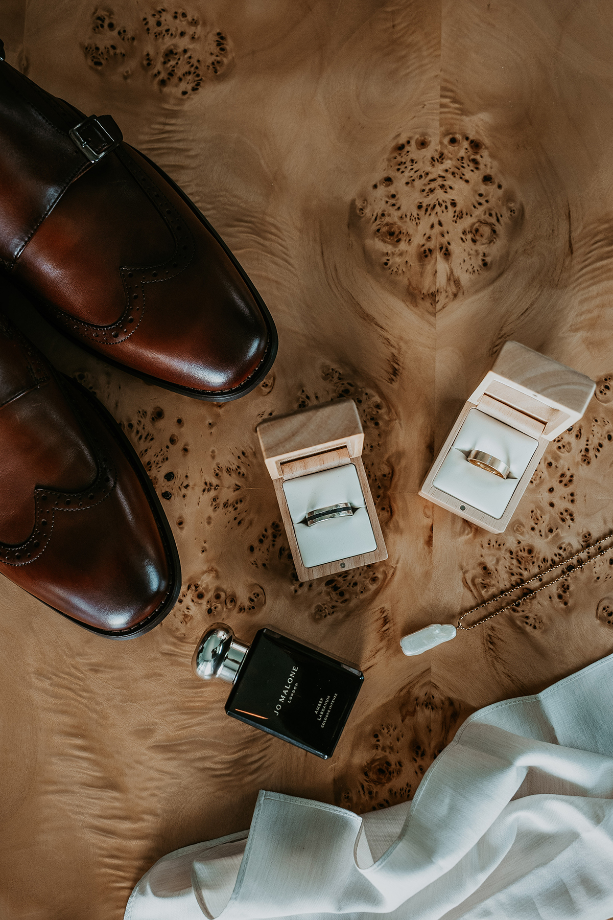 Wedding accessories arranged for two grooms preparing for their wedding at the Condado Vanderbilt in Puerto Rico.