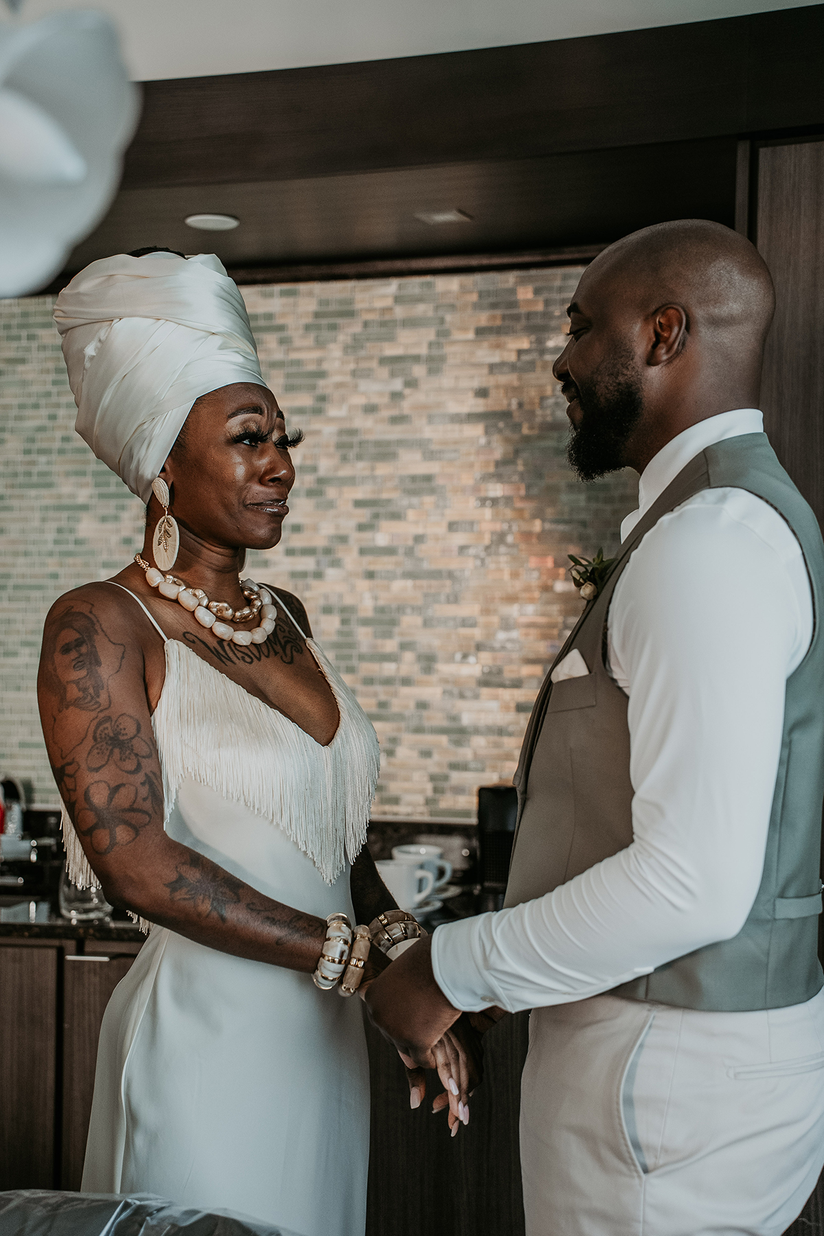 One groom shares an emotional first look with his sister on his wedding day.