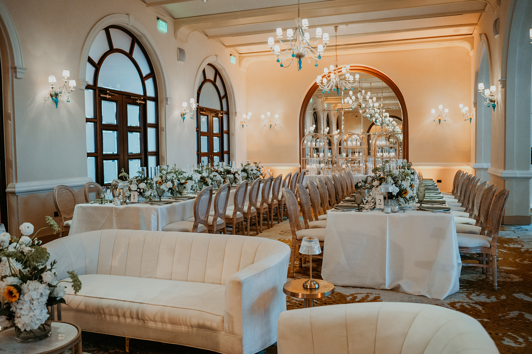 Wide shot interior view of the Condado Vanderbilt wedding venue, prepared for the celebration.