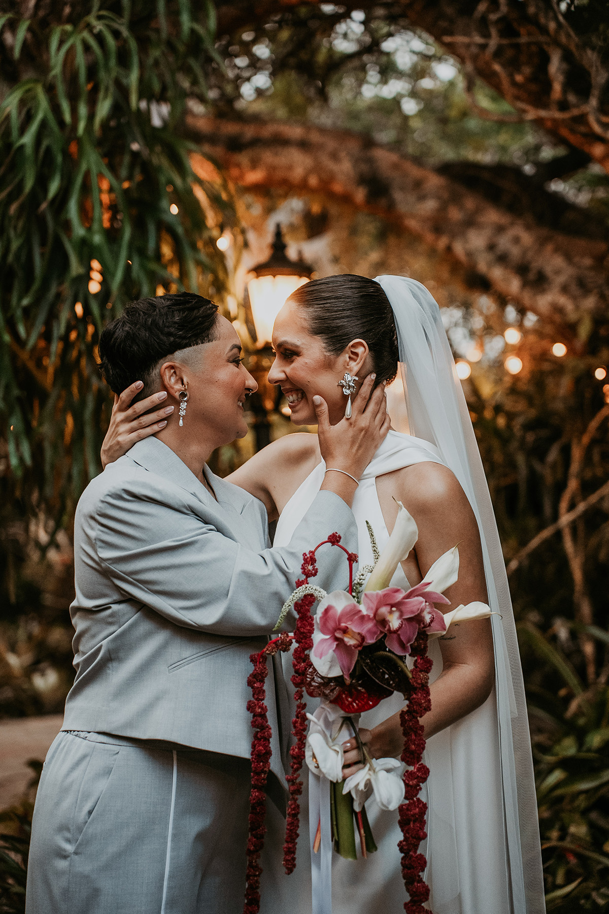 Lesbian couple enjoying a candid moment during their intimate Puerto Rico wedding