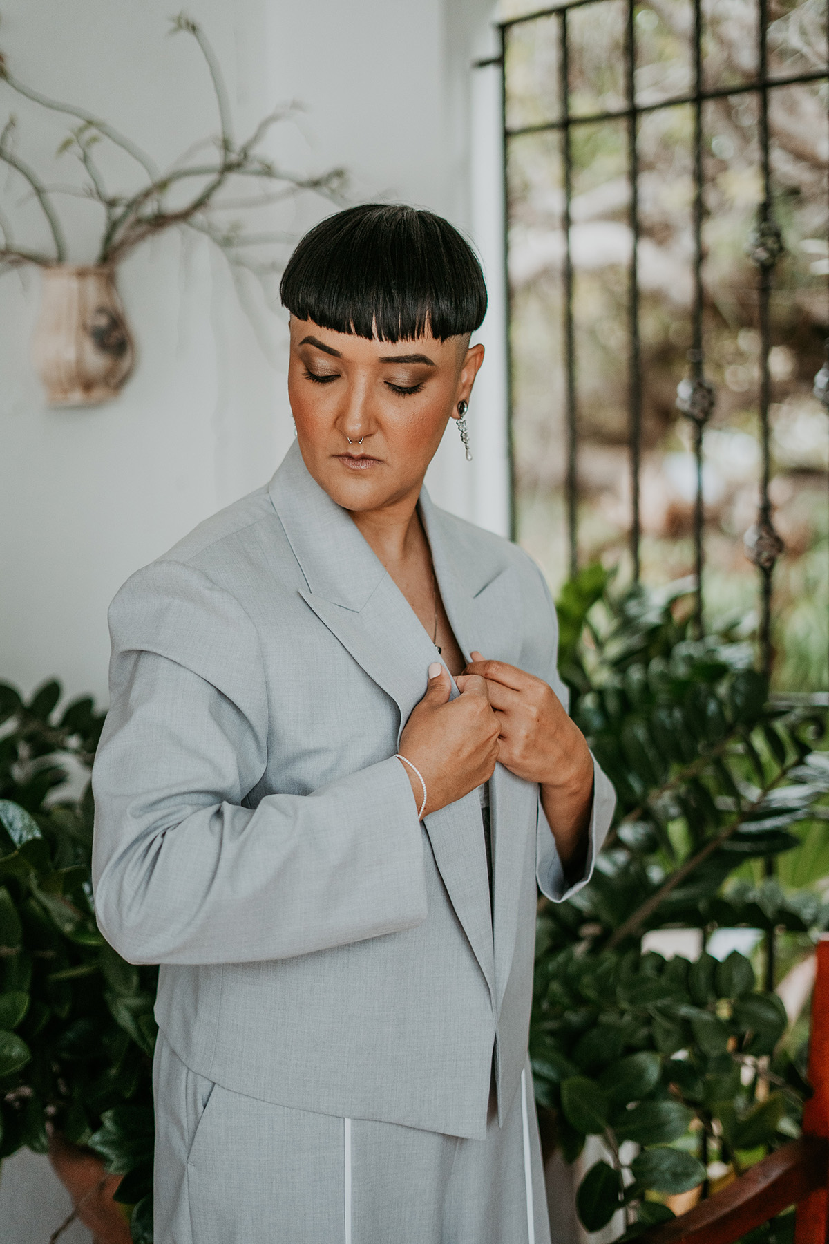Close-up portrait of bride during wedding preparations