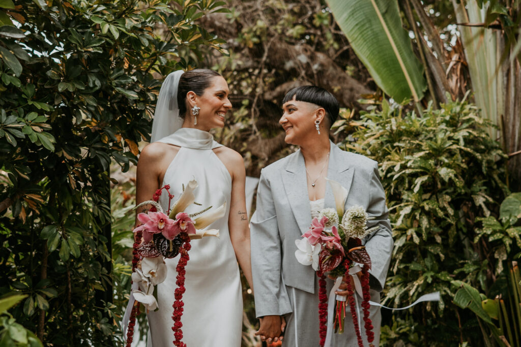 Newlyweds share smiles at Jardines del Castillo Micro Wedding in Puerto Rico.