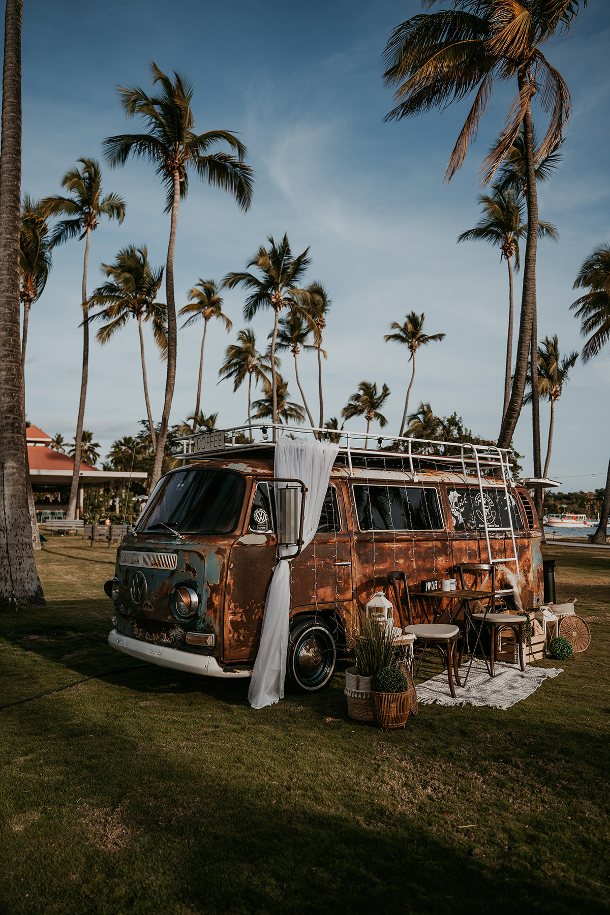 VW Cofffe Cart Station Decorated for Copamarina Wedding in Puerto Rico.