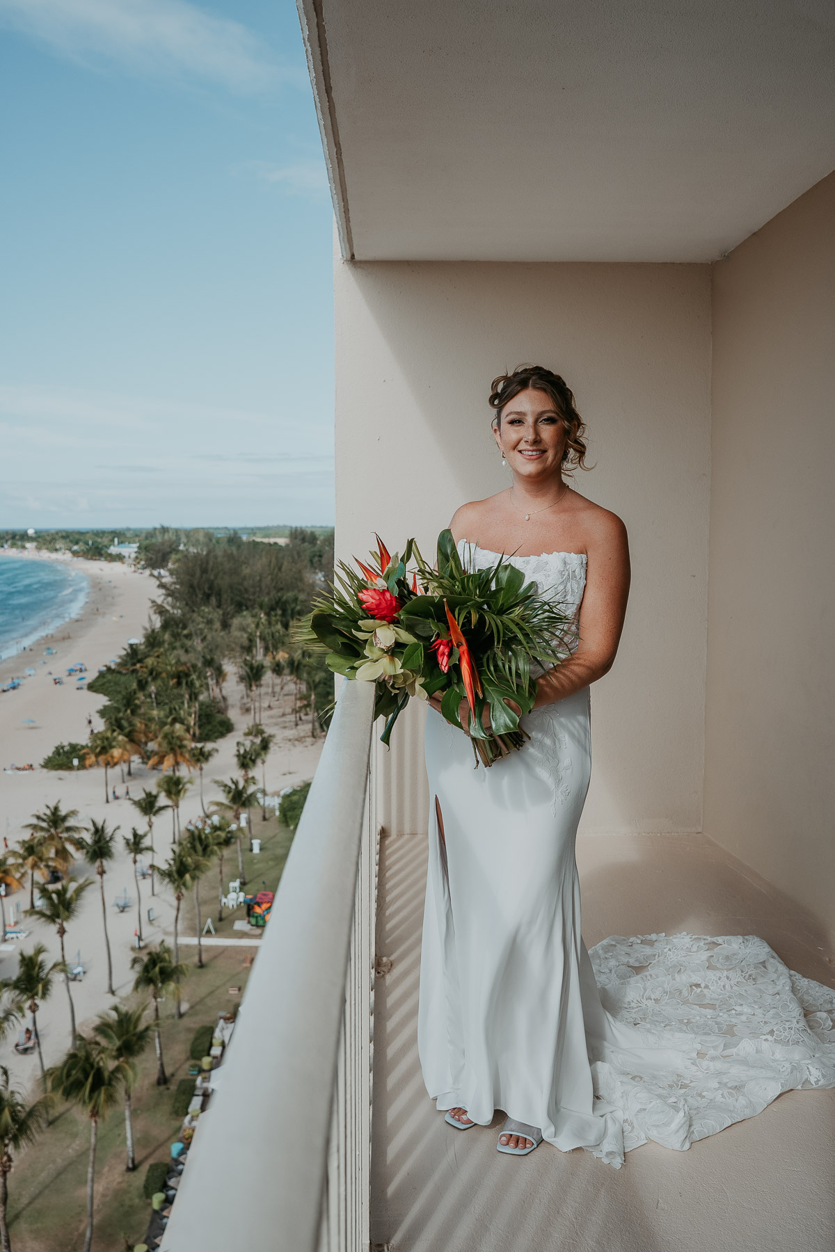 Bride wedding portrait overlooking the ocean at Marriot Isla Verde Beach Resort