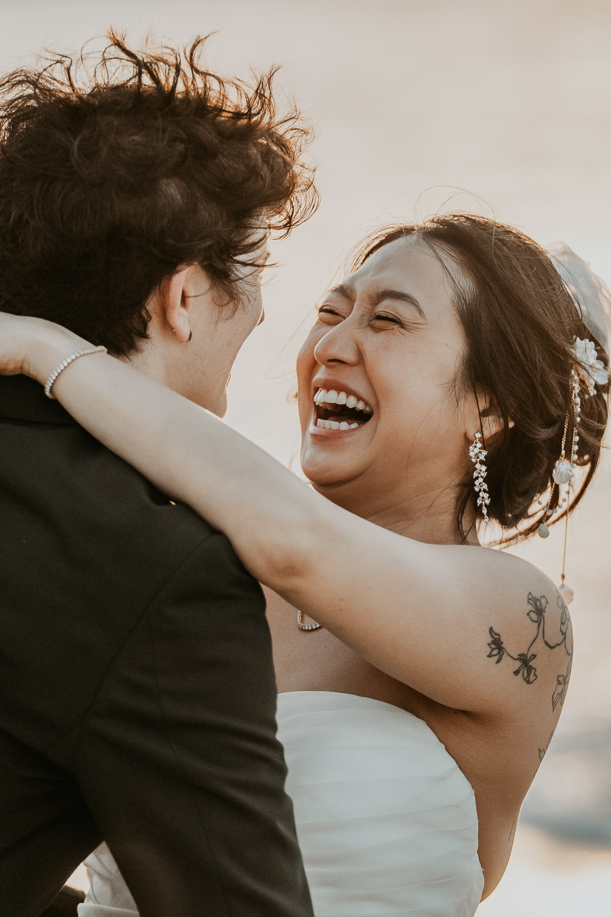 An intimate close up portrait of the couple looking into each other's eyes.