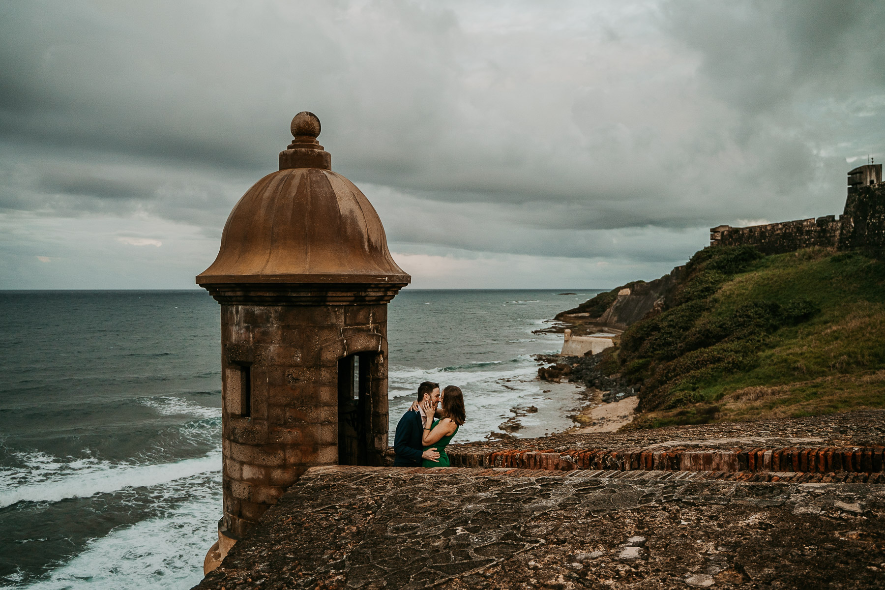 Couple celebrating proposal at a Sentry Box in Old San Juan.