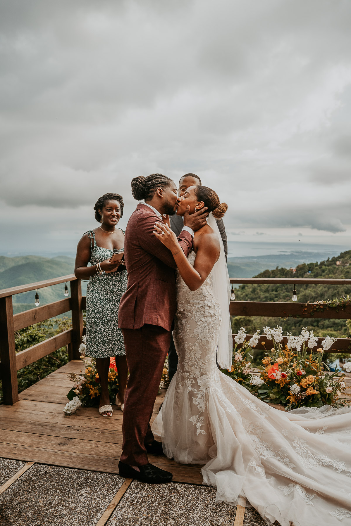 Frist kiss during Puerto Rico Mountain Micro Wedding