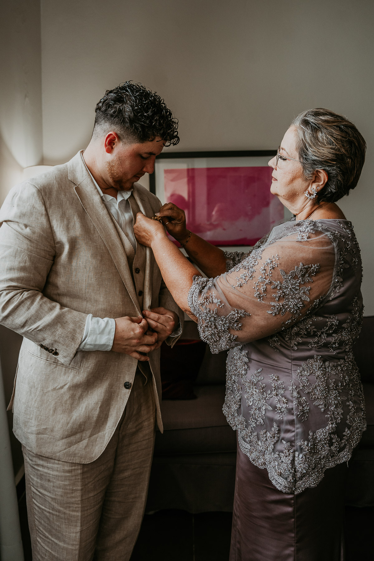 Mom and groom getting ready at a Puerto Rico wedding