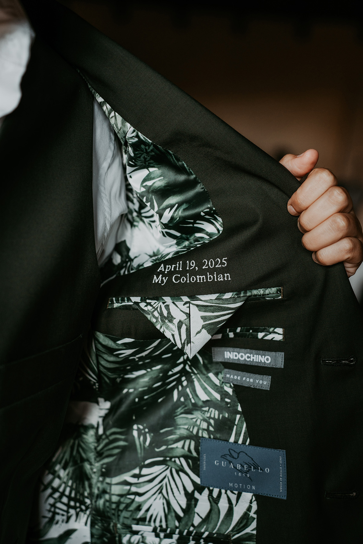 Embroidery inside wedding suit.