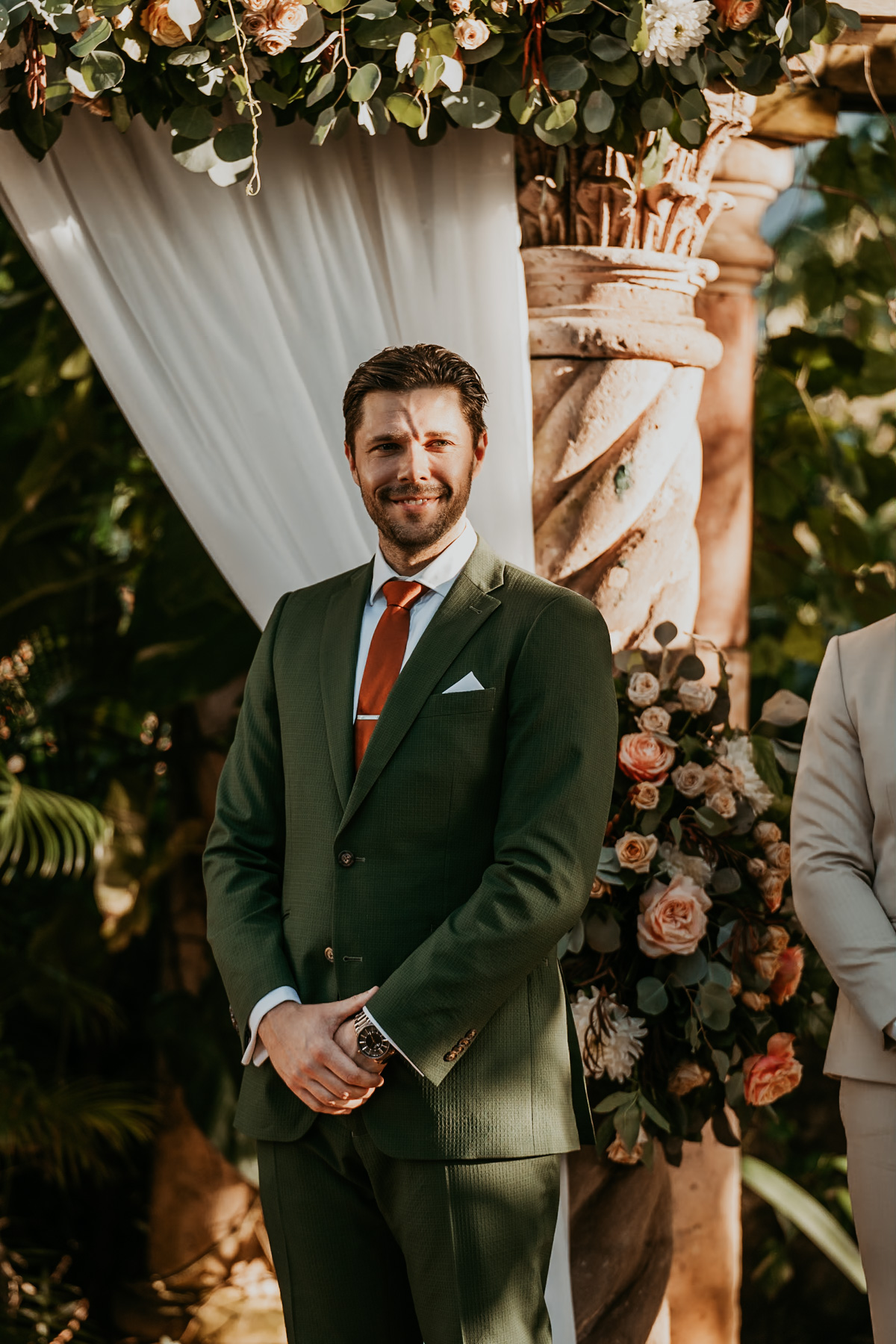 Groom at ceremony at Hacienda Siesta Alegre for Destination Wedding