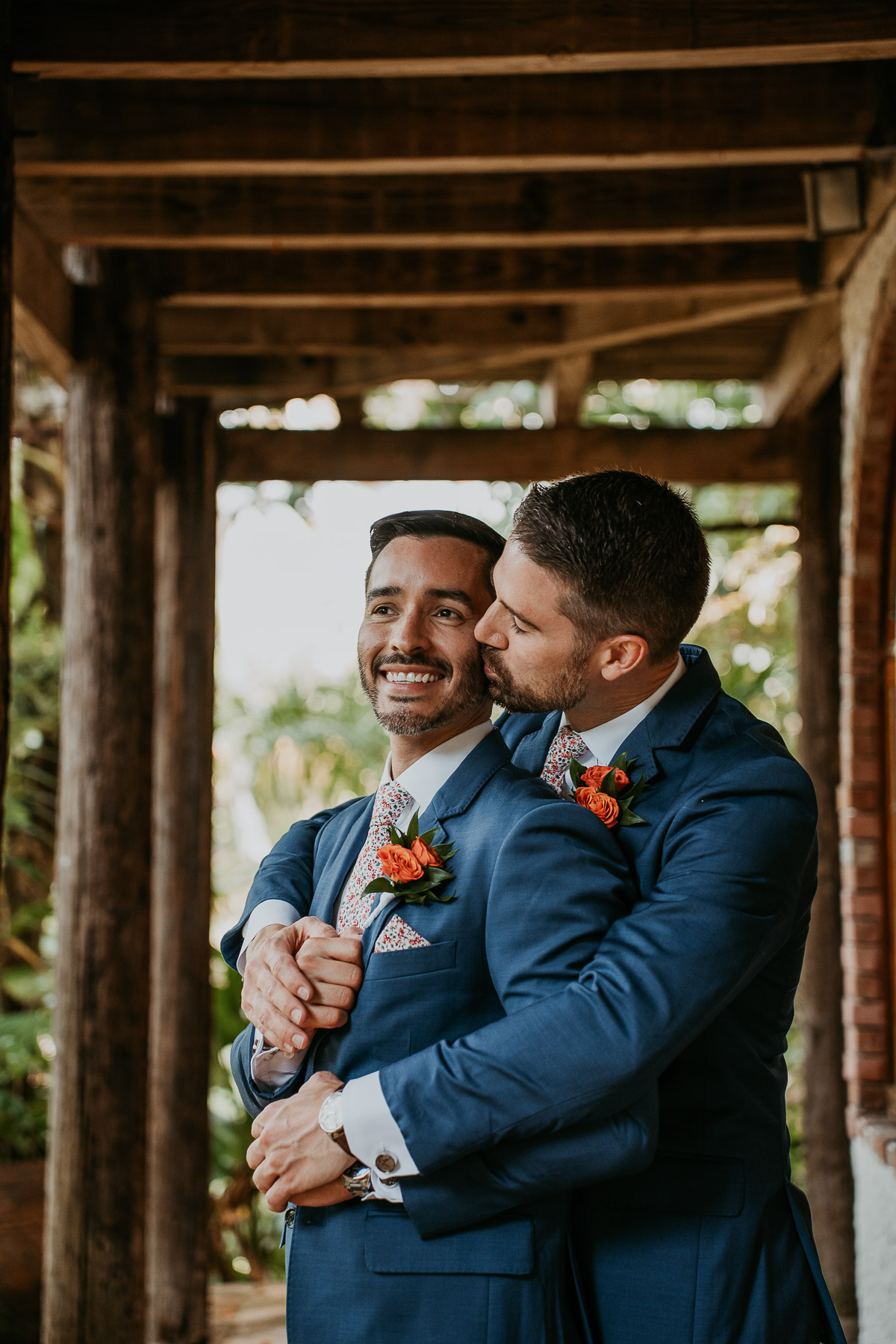 Two grooms embrace at Hacienda Siesta Alegre LGBTQ+ Wedding