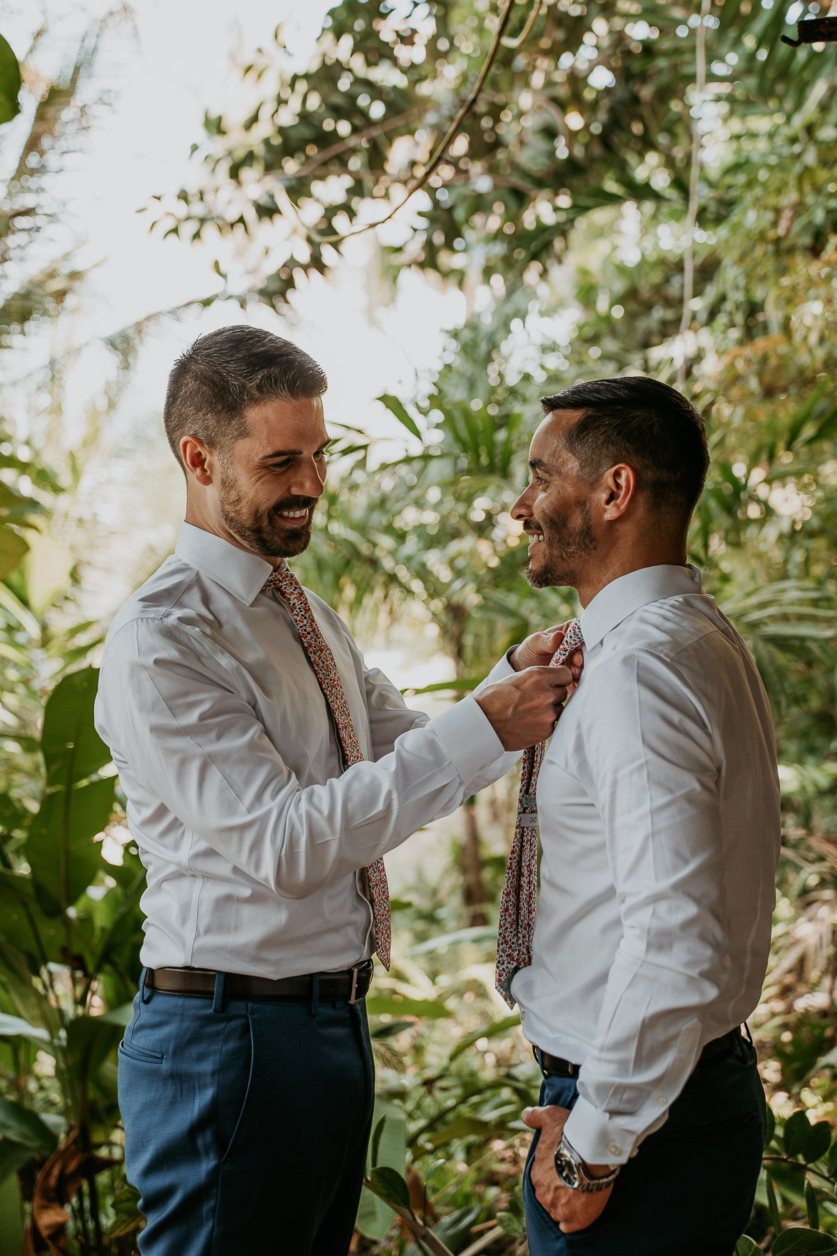 Two grooms getting ready at Hacienda Siesta Alegre LGBTQ+ Wedding