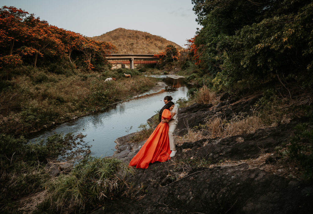 Puerto Rico adventure engagement session with couple embracing beside a river, lush greenery, flamboyán trees and wild horses