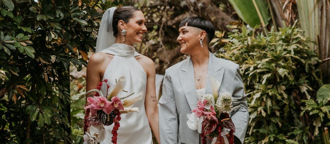 Newlyweds share smiles at Jardines del Castillo Micro Wedding in Puerto Rico.