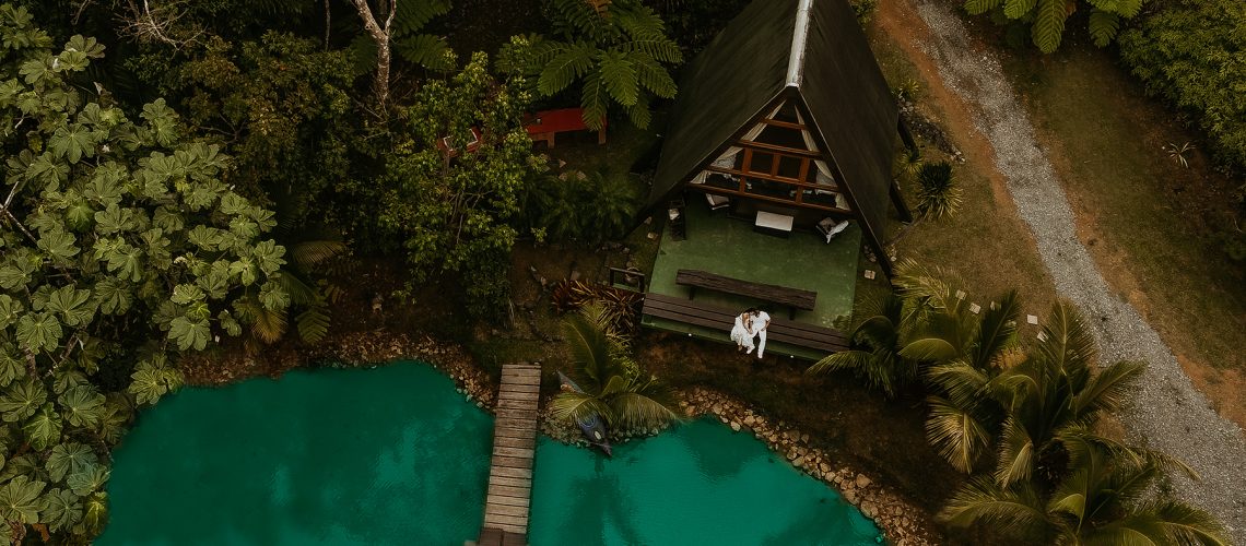 Aerial shot of a couple session of the beaten path in Puerto Rico.